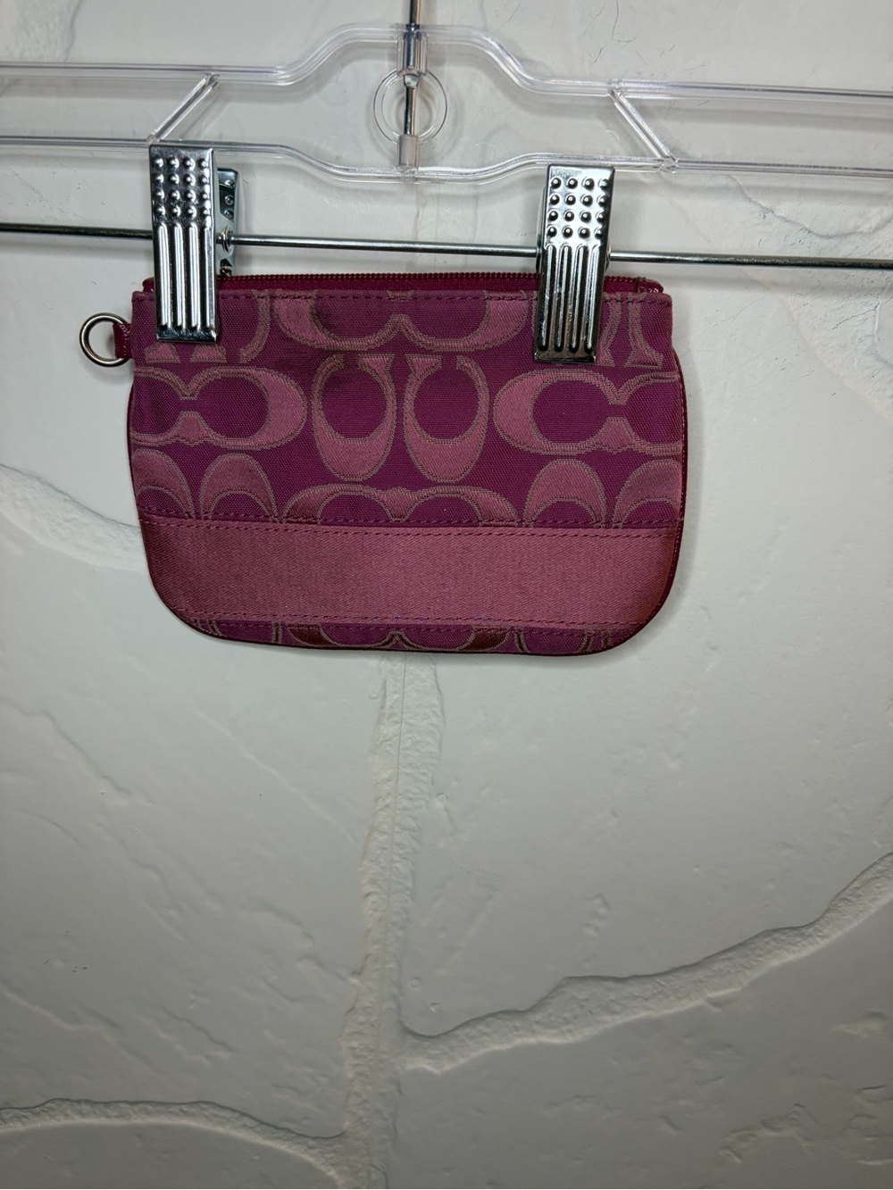 COACH Signature Stripe Mini Skinny Card Case Berry Magenta Pink Canvas Pouch